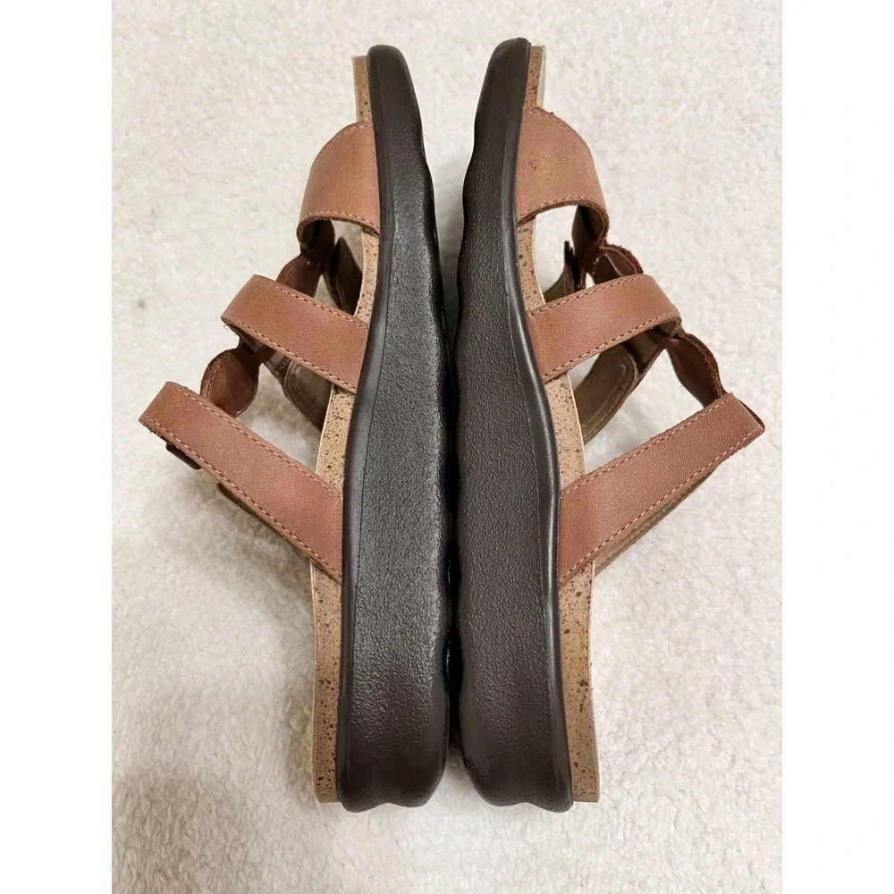 SAS Nudu Tan Leather Triple Strap Comfort Sandals Women Floral Embroidery USA